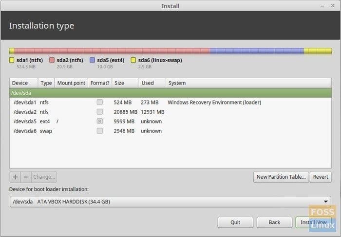 Linux Mint installation - Final Hard disk Partitions example