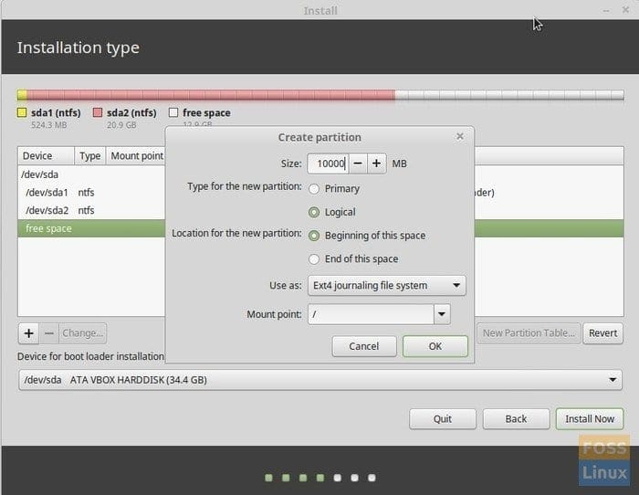 Linux Mint installation - Harddisk Partition