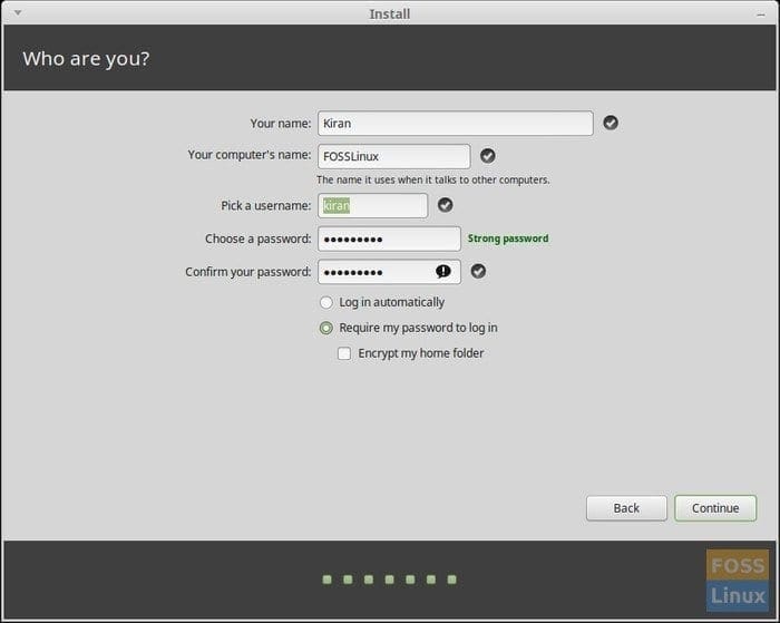 Linux Mint installation - Login Details