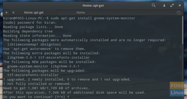 apt-get gnome system monitor - elementary OS Terminal