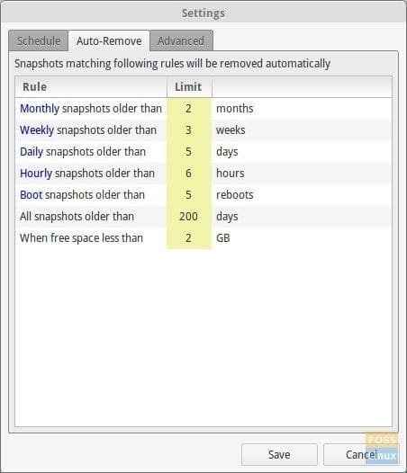 TimeShift Settings - Remove Old Backups