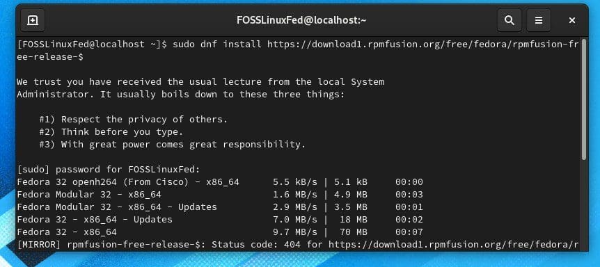 Enable RPM Repo -Fedora 32 Terminal