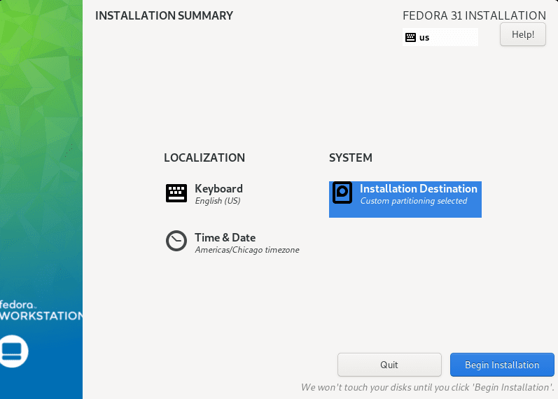Begin Fedora installation