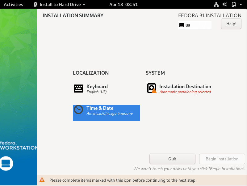 Set time and date and select partition to install