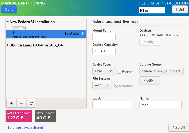 Summary of all partition configurations