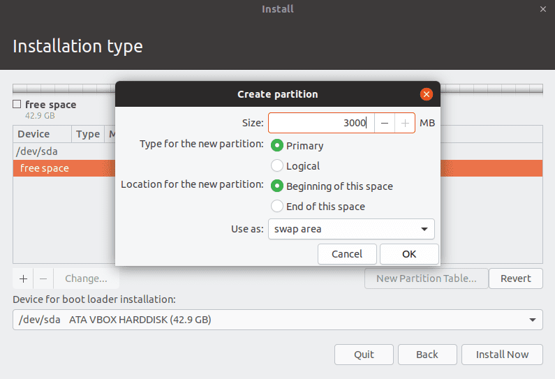 Installation Type - Create swap space