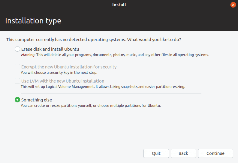 Select installation type to configutre your partitions