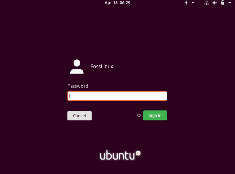 Ubuntu Desktop Login page