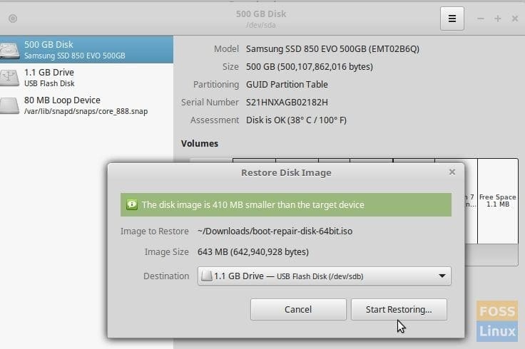 Select USB drive in the Destination field