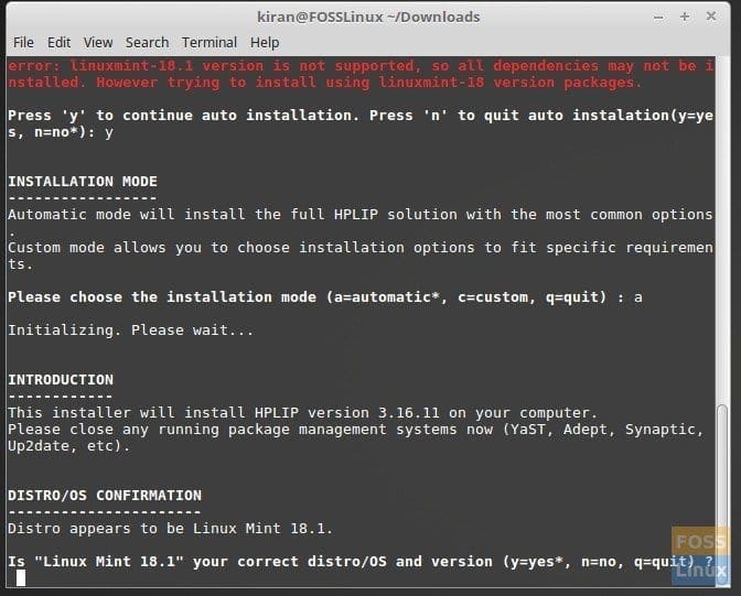 Linux Mint Terminal showing HPLIP installation