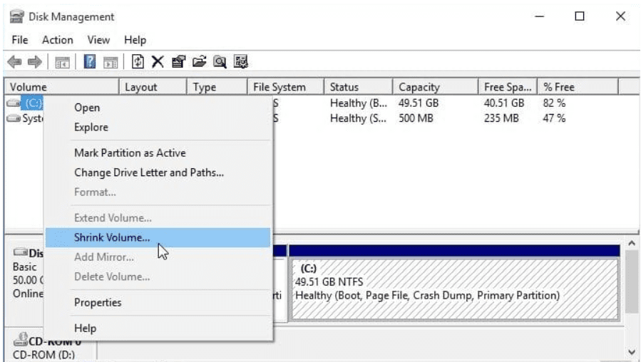 disk management shrink volume