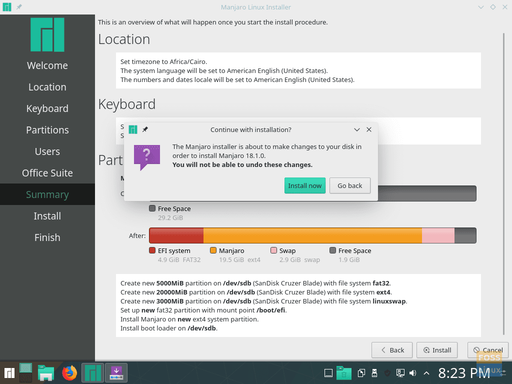 Manjaro Installation Confirmation Message