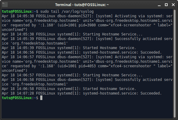 Reading logs with tail command