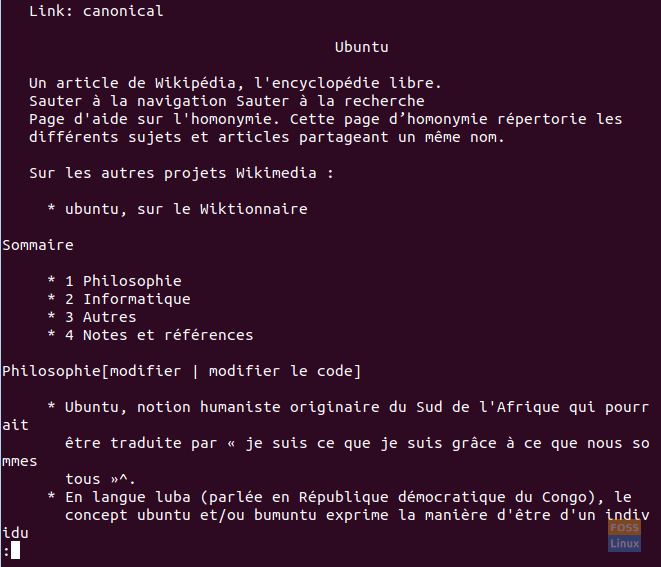 Result For Ubuntu Articles In Wikipedia With The Pager Option In French Language