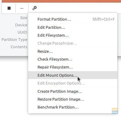 Partition Settings menu