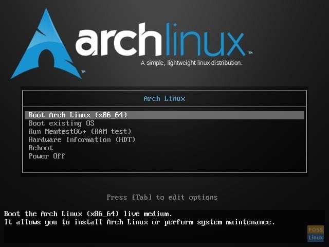 Arch Linux ISO menu