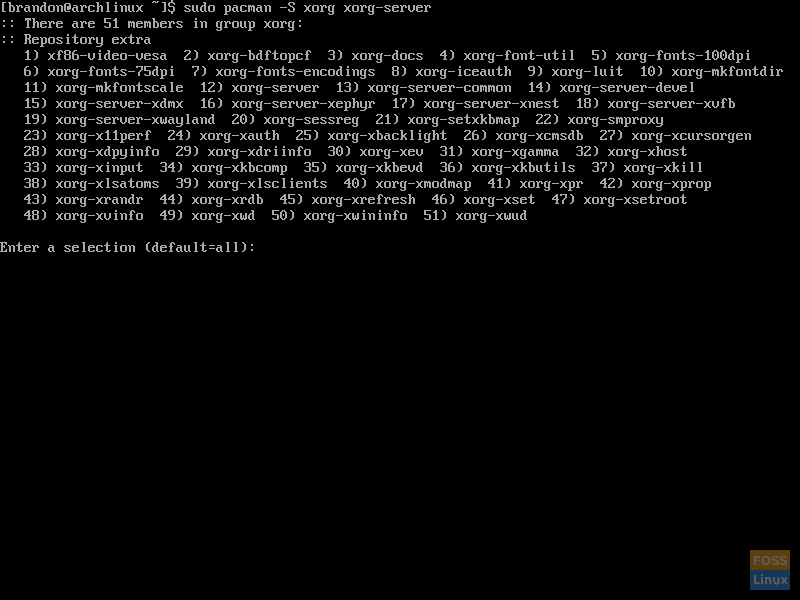 Screenshot of using Pacman to install Xorg