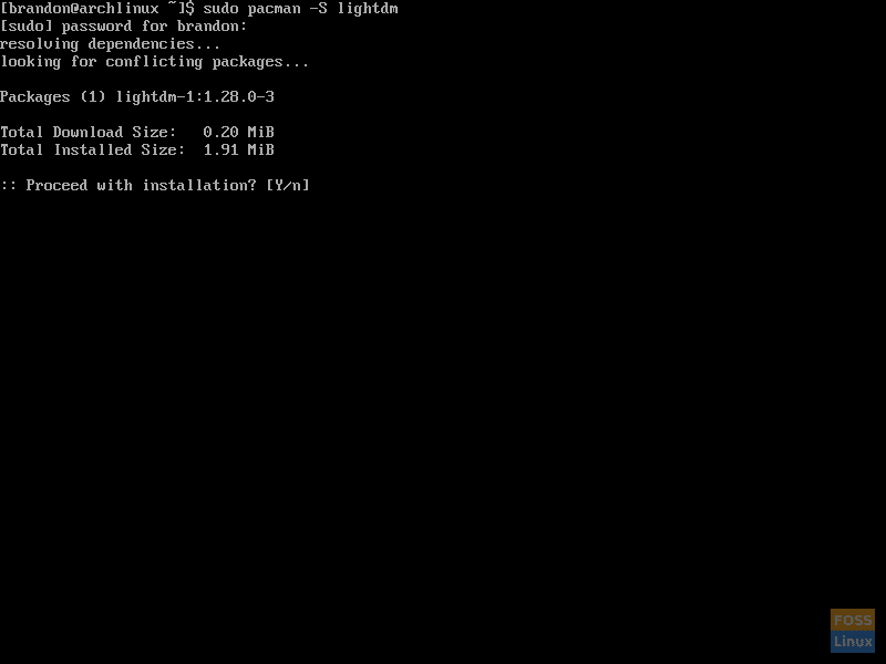 Screenshot of using Pacman to install LightDM