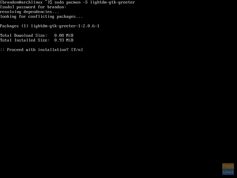 Screenshot of using Pacman to install lightdm-gtk-greeter