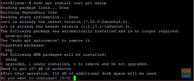 install curl zip git on Ubuntu 18.04