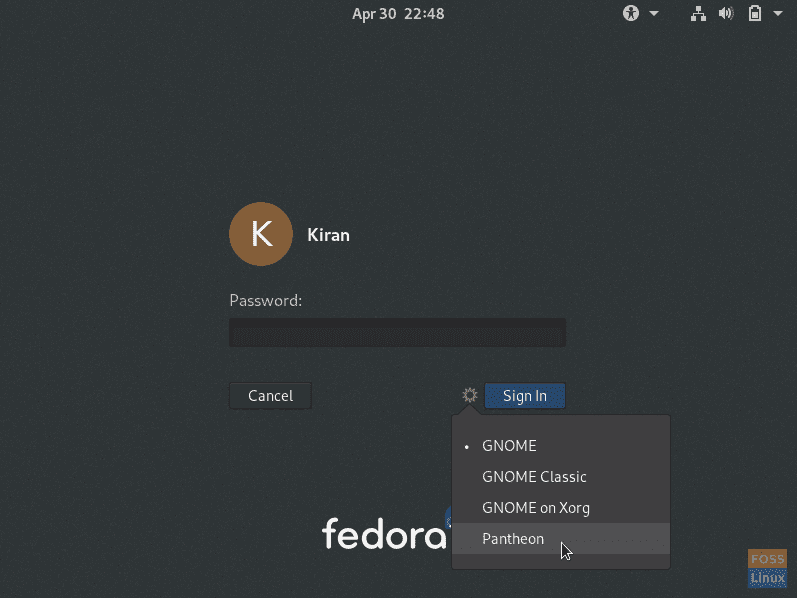 Fedora login screen with Pantheon Added