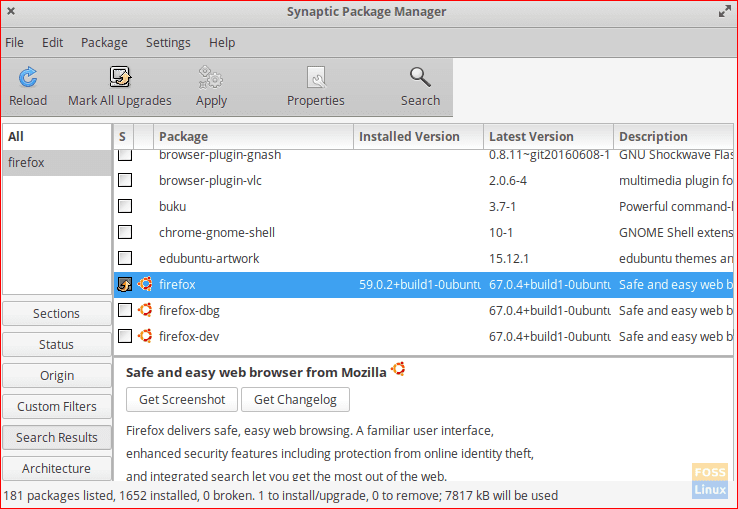Check Firefox Version After Downgrading Using The Synaptic Package Manager