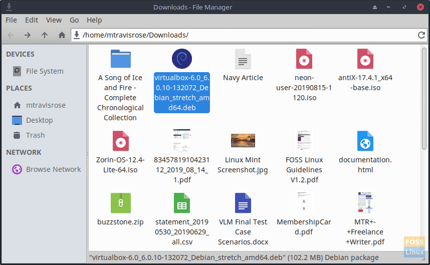 VirtualBox .deb icon in Downloads folder