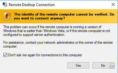 Remote Desktop Warning Message