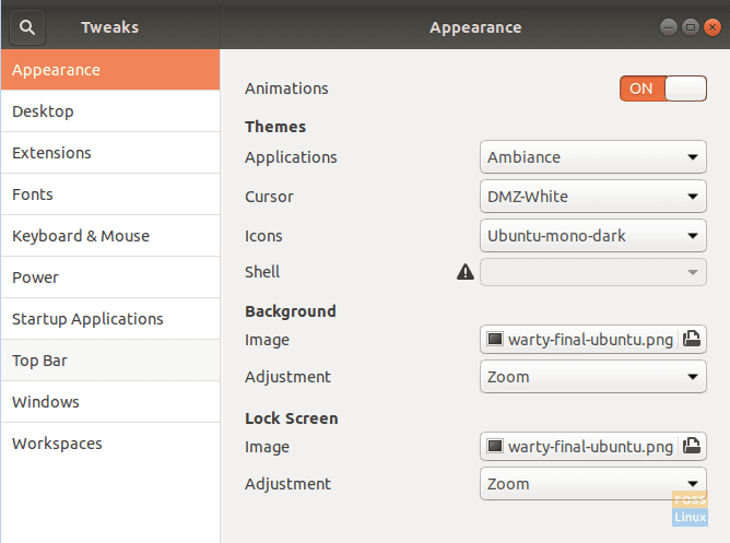 The Gnome Tweak Tool Interface