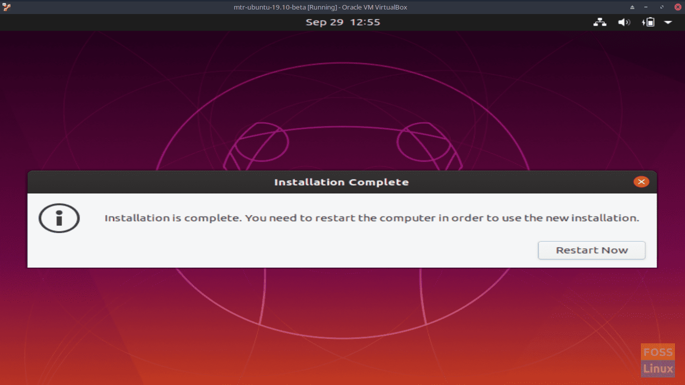 Installation is complete - Ubuntu 19.10 Beta Screen