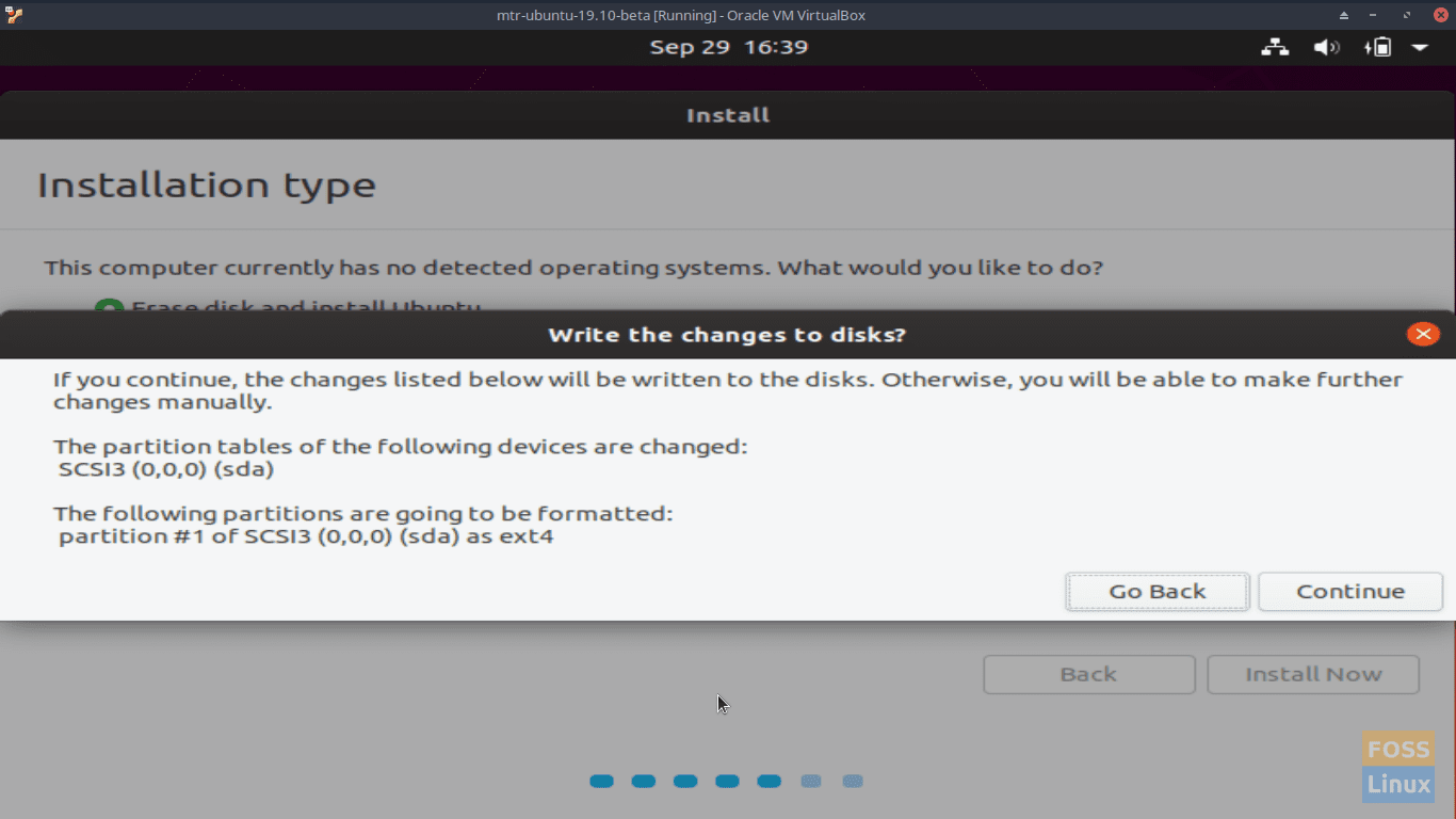 Installation type - Write the changes to disks- Ubuntu 19.10 Beta Screen