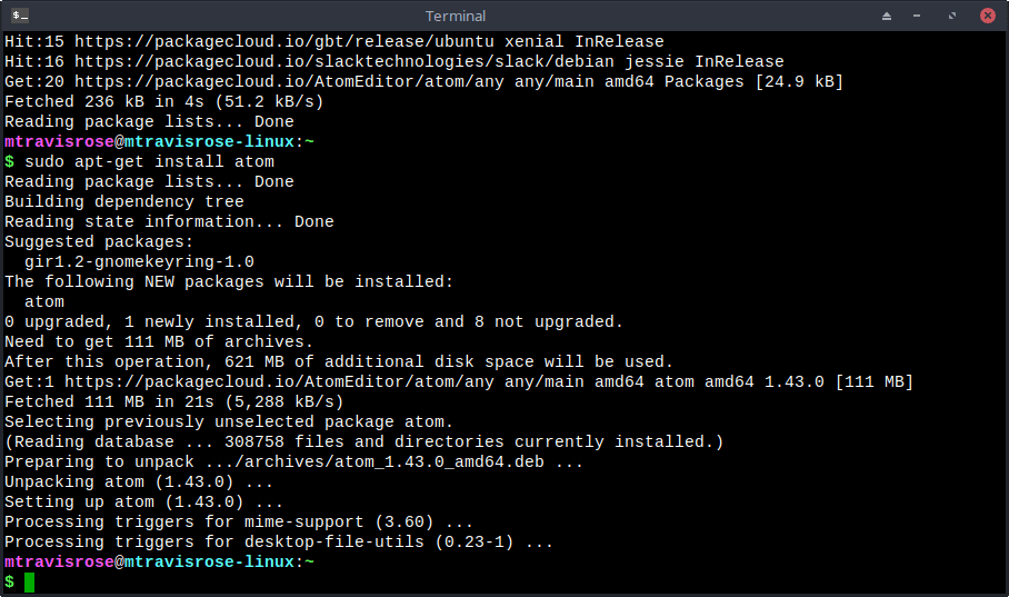 Unlike Bluefish, multiple commands are need to install Atom on a Debian/Ubuntu-based distro.