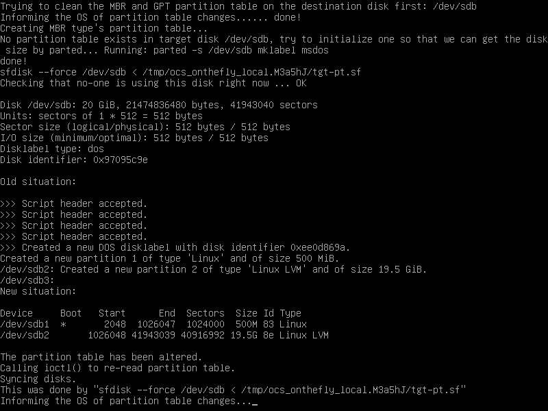 Creating partition layout on target disk screen.