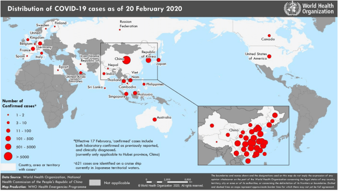 Coronavirus cases as of 20 Feb 2020 - World Health Organization