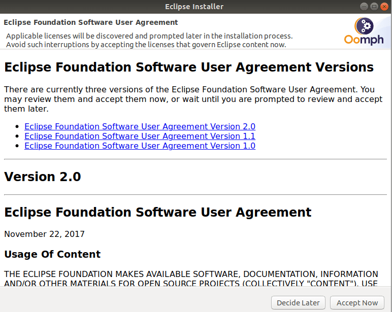 Accept Eclipse IDE License Agreement
