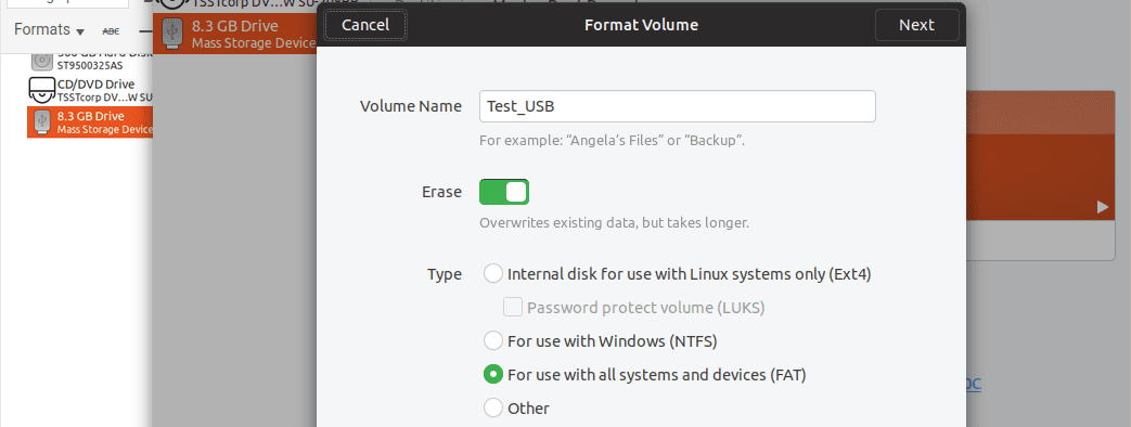 Set Volume name and turn on the erase button