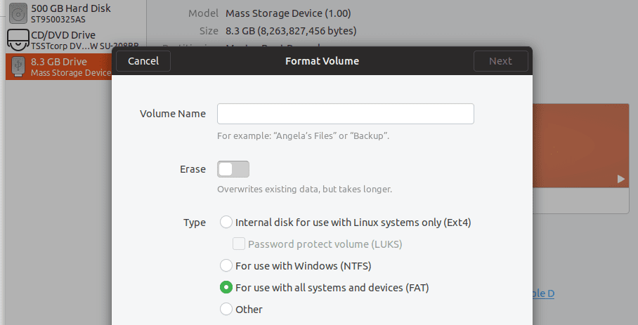 Set options on the USB drive