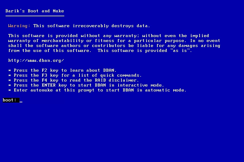 DBAN Boot screen