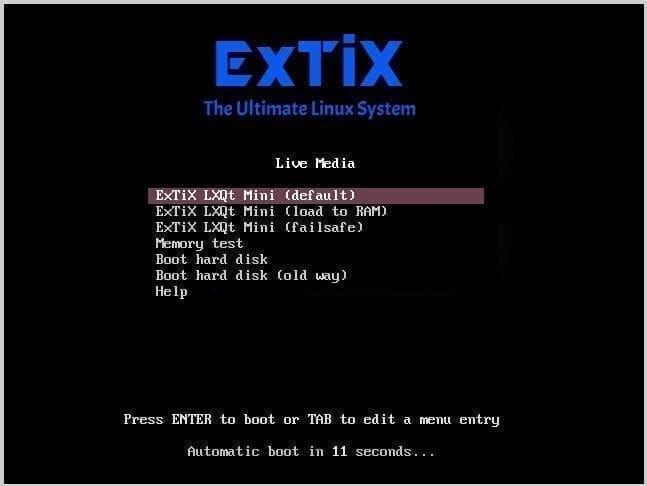 ExTix Live Media Boot Menu