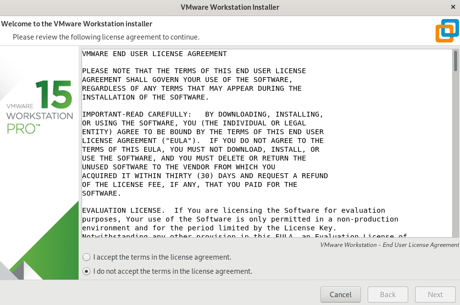 VMware User Licence Agreement Window