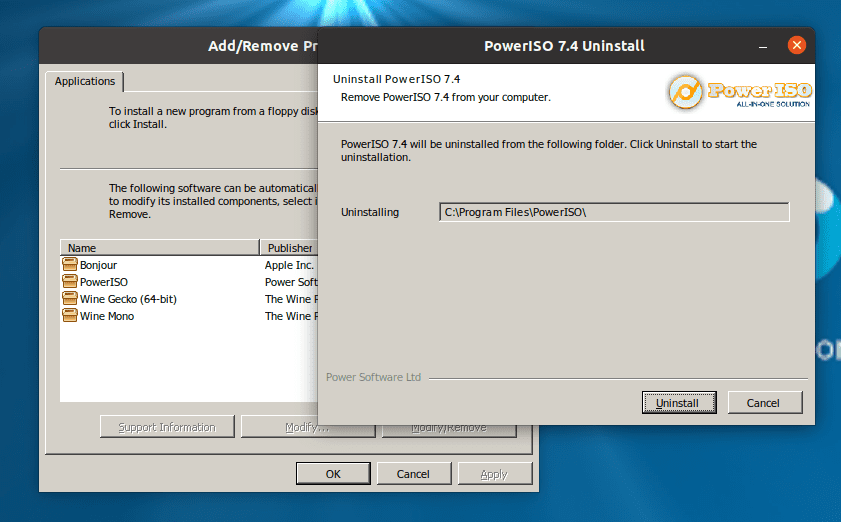 Uninstall PowerISO using WIneHQ