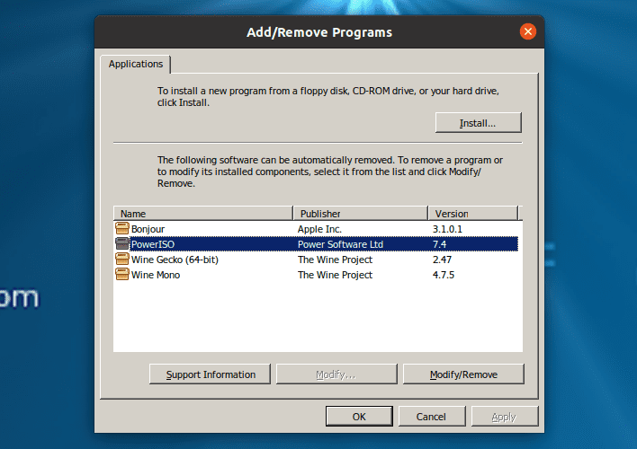 Wine Add-Remove programs window