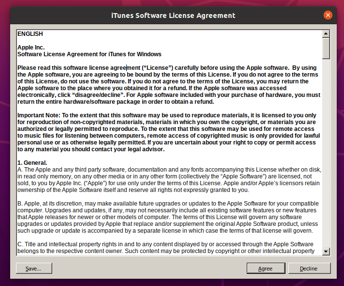 iTunes Software agreement window