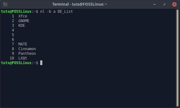 nl numbering all lines