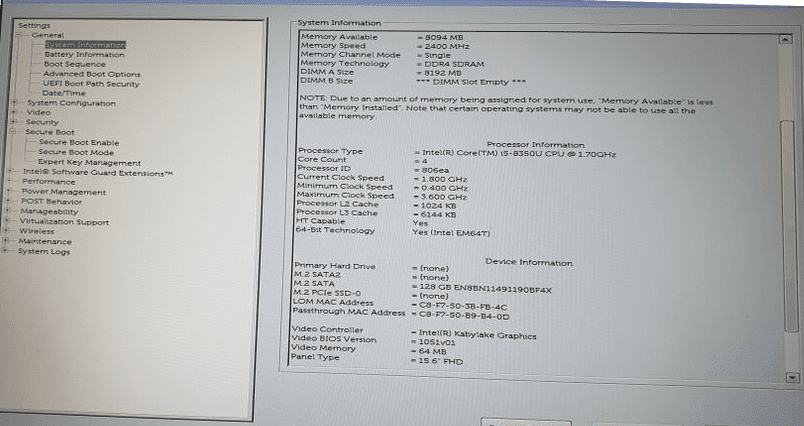 Dell BIOS/UEFI setup screen