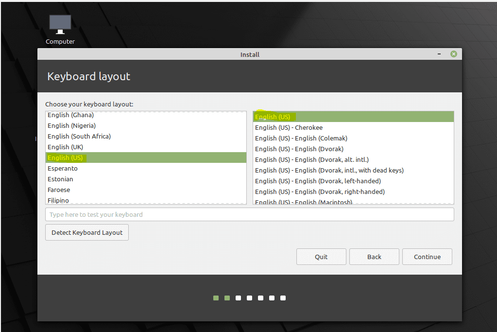 Linux Mint Installation Choose Keyboard layout