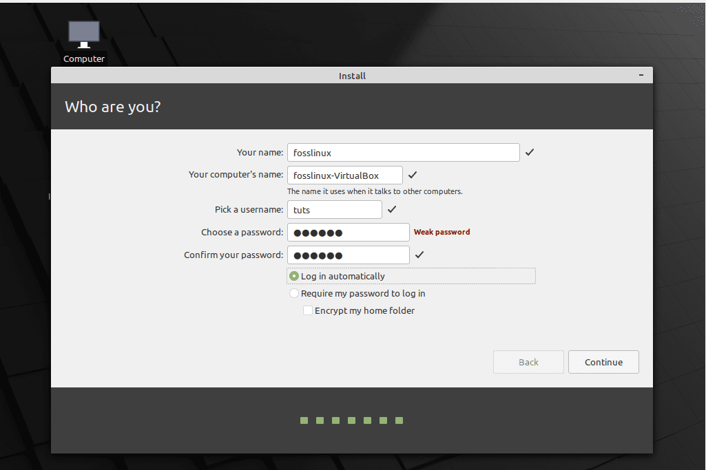 Linux Mint Installation setup account