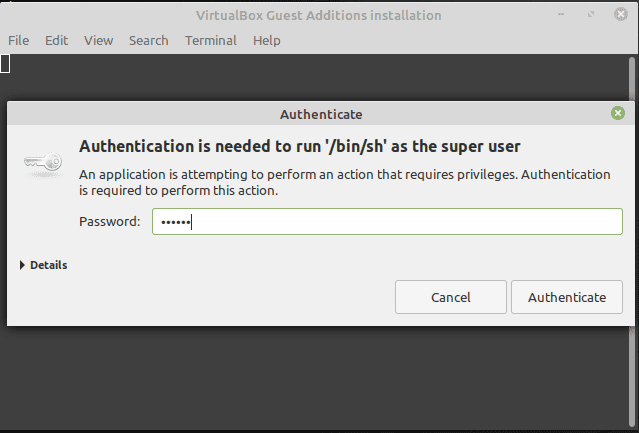 Linux Mint advance features installation password prompt