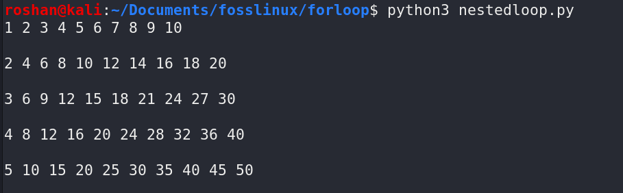 nested for loop in python