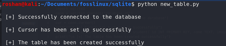 creating table student in a sqlite database using python